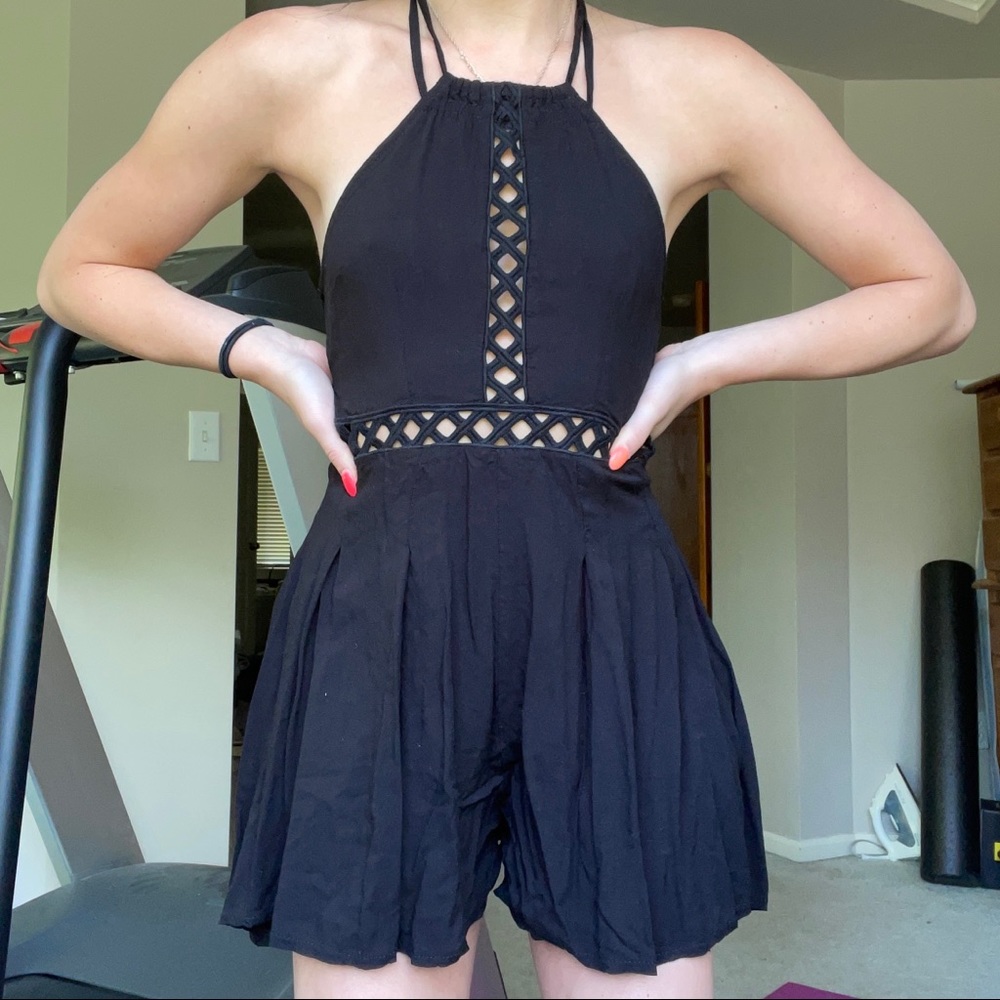 Black backless tie up romper